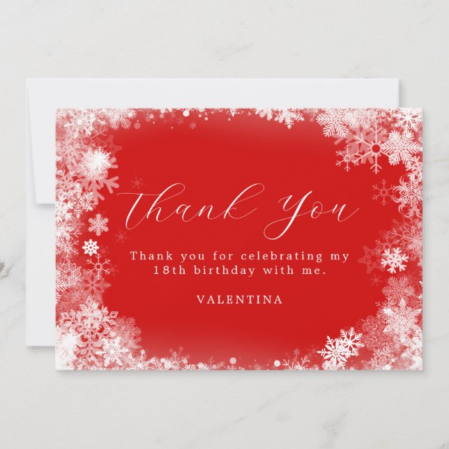 18th Birthday Winter Wonderland Snowflake Red Thank You Card (Front)