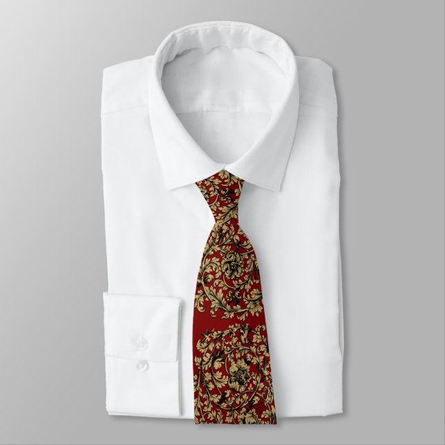 18th Century Baroque Rococo Vine & Birds Pattern Neck Tie (Tied)