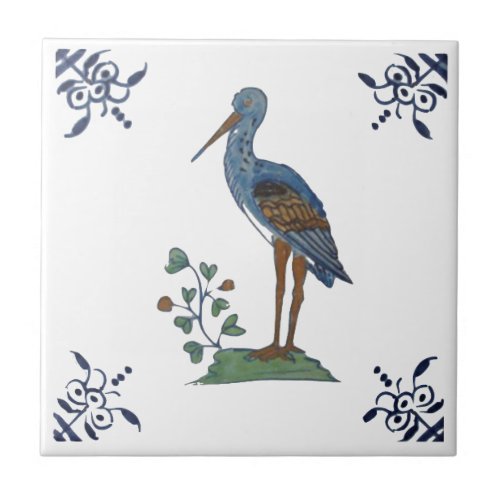 18th Century Delft Heron on White Ceramic Tile