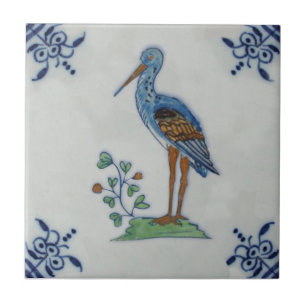 18th Century Delft Polychrome Stork? Heron? Repro Ceramic Tile