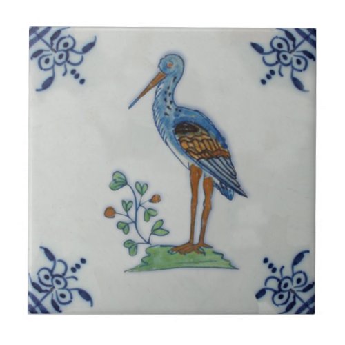 18th Century Delft Polychrome Stork Heron Repro Ceramic Tile