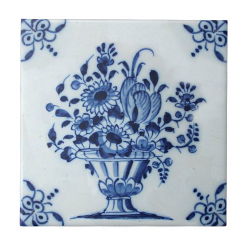 18th Century Dutch Delft Flower Arrangement Repro Ceramic Tile