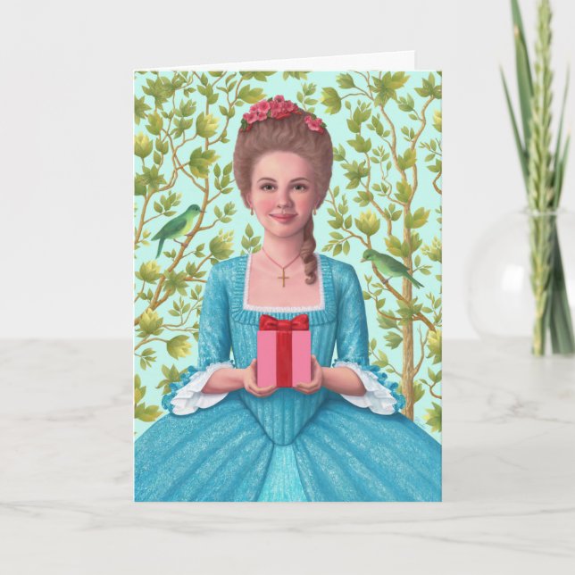 "18th Century Lady Holding a Gift." Greeting Card (Front)