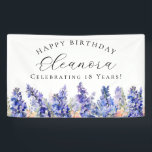 18th Happy Birthday Banner Blue July Birth Flower<br><div class="desc">Elegant summer watercolor blue larkspur flowers create a beautiful floral border at the bottom of this happy birthday banner. Larkspur or delphinium flowers are the July birth flower. A trendy font combination gives it a modern aesthetic. All of the text is editable.</div>