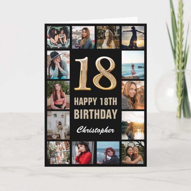 18th Happy Birthday Black and Gold Photo Collage Card (Front)