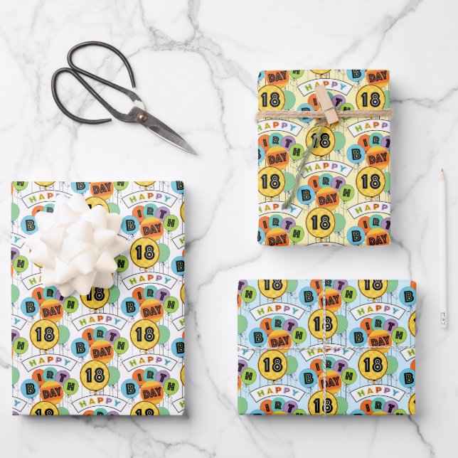 18th Happy Birthday Typography Balloons  Wrapping Paper Sheets (Front)