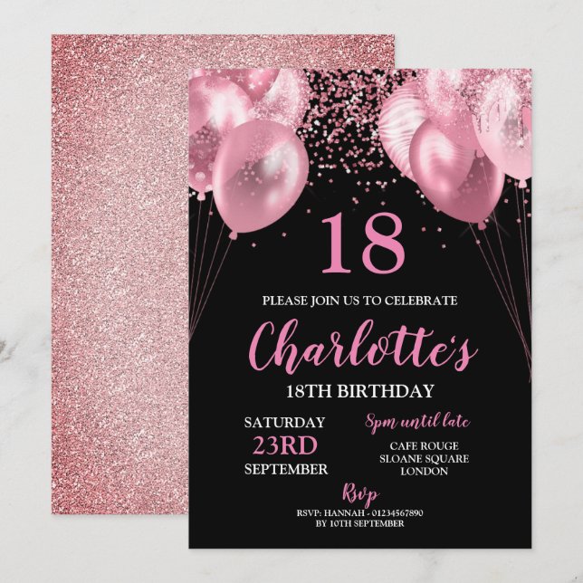 18th Invite pink neon black birthday Invitation (Front/Back)