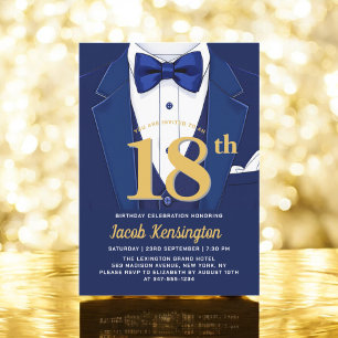 18th Navy Blue and Gold Tuxedo Birthday Event Invitation