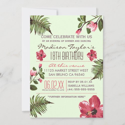 18th Party Exotic Hibiscus  Tropical Palm Leaves Invitation