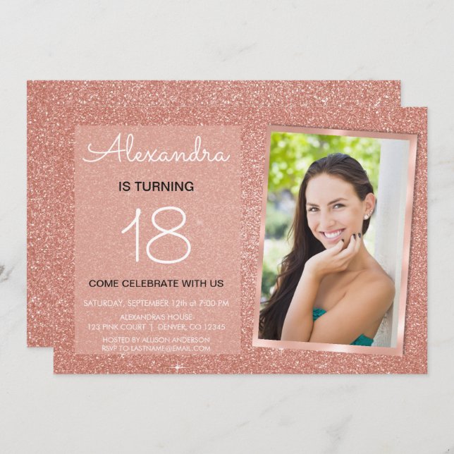 18th Sparkle Rose Gold Blush Pink Photo Invitation (Front/Back)
