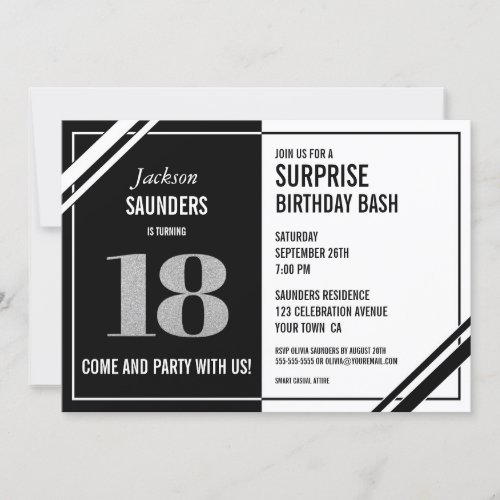 18th Surprise Birthday Bash Modern Black and White Invitation