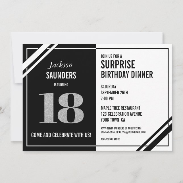 18th Surprise Birthday Modern Black White Dinner Invitation (Front)