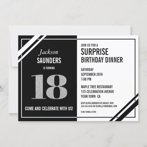 18th Surprise Birthday Modern Black White Dinner Invitation