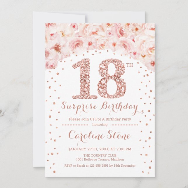 18th Surprise Birthday Party - White Rose Gold Invitation (Front)