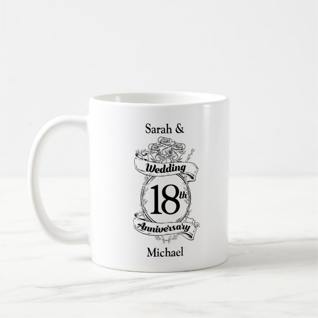 18th Wedding Anniversary Black and White Roses Coffee Mug (Left)