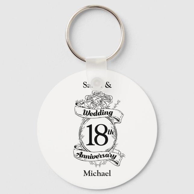 18th Wedding Anniversary Black and White Roses Keychain (Front)