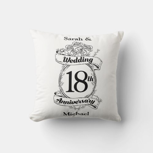 18th Wedding Anniversary Black and White Roses Throw Pillow