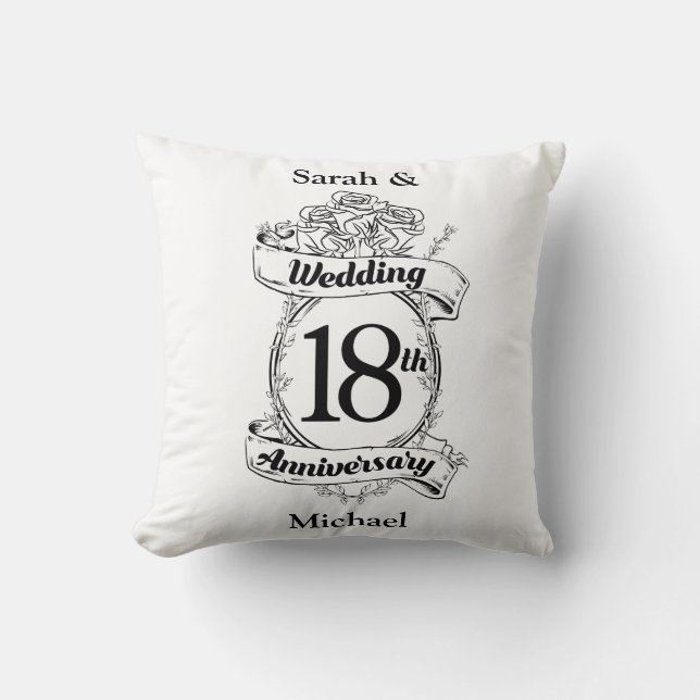 18th Wedding Anniversary Black and White Roses Throw Pillow (Front)