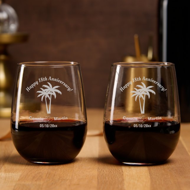 18th Wedding Anniversary Palm Trees Wine Glass (Party)