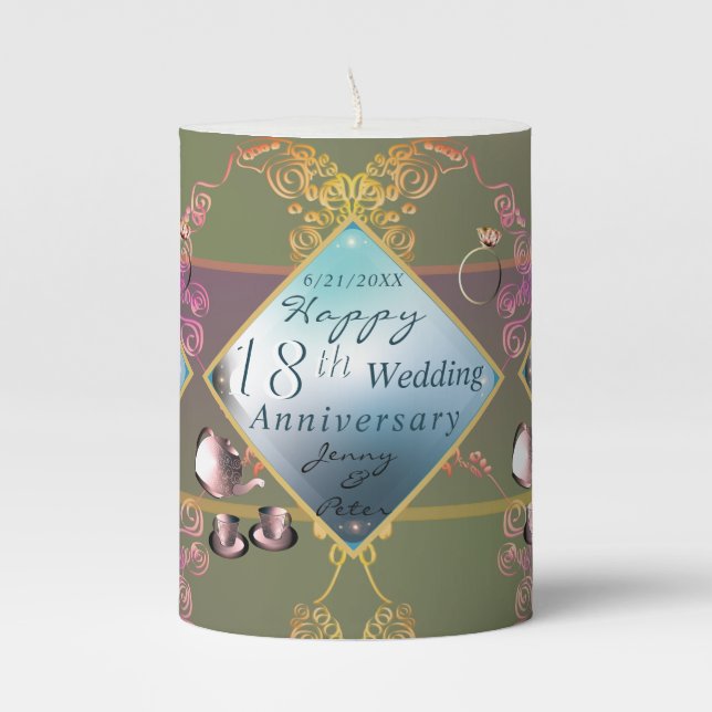 18th Wedding Anniversary Porcelain Acquamarine  Pillar Candle (Front)