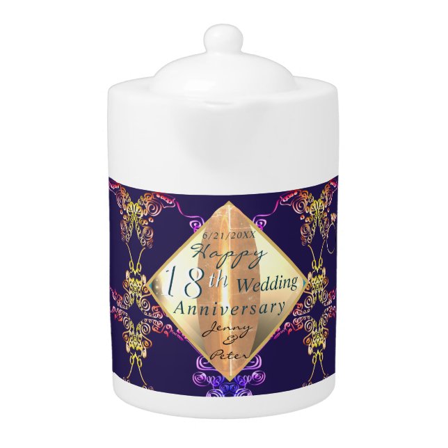 18th Wedding Anniversary Porcelain Cat's Eye & Blu Teapot (Front)