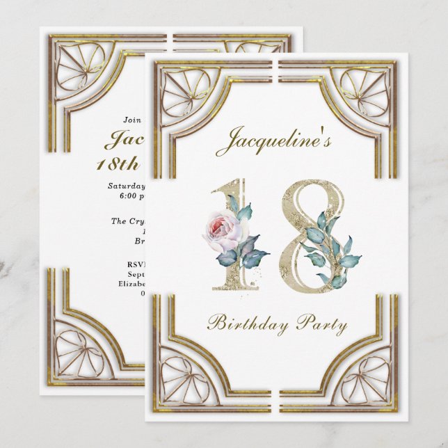 18th Years Elegant Gold Birthday Party Invitation (Front/Back)