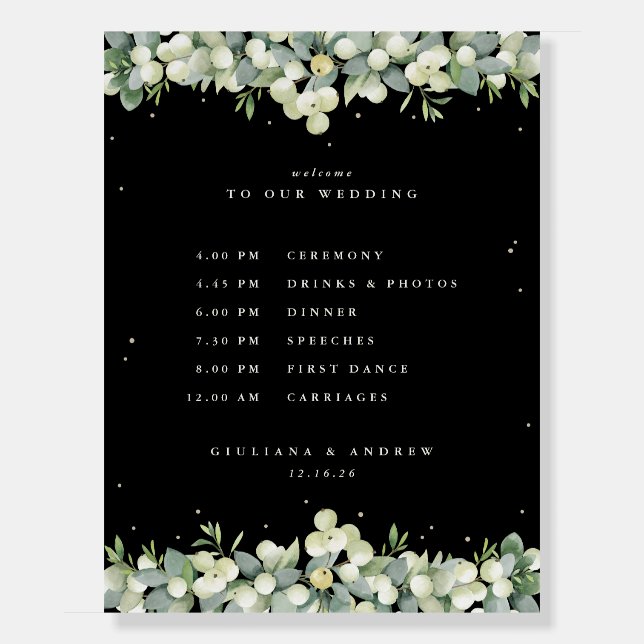 18x24" Black Snowberry+Eucalyptus Wedding Schedule Foam Board (Front)