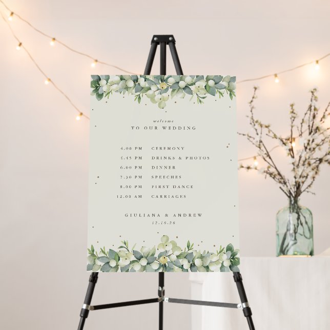 18x24" Cream Snowberry+Eucalyptus Wedding Schedule Foam Board (In Situ (Stand))