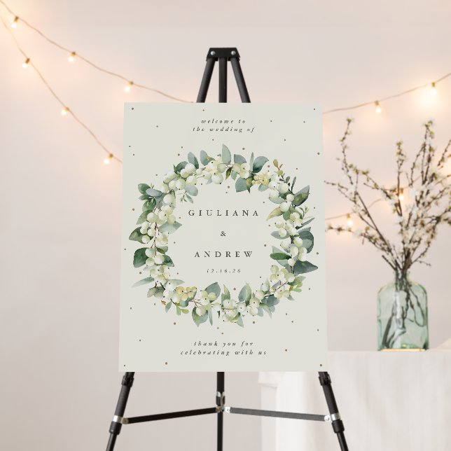 18x24" Cream Snowberry+Eucalyptus Wedding Welcome Foam Board (In Situ (Stand))