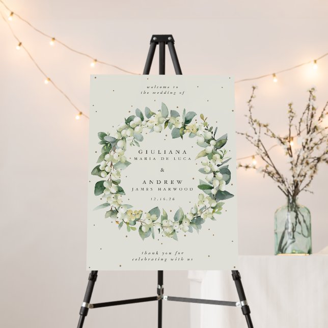 18x24" Cream Snowberry+Eucalyptus Wedding Welcome Foam Board (In Situ (Stand))