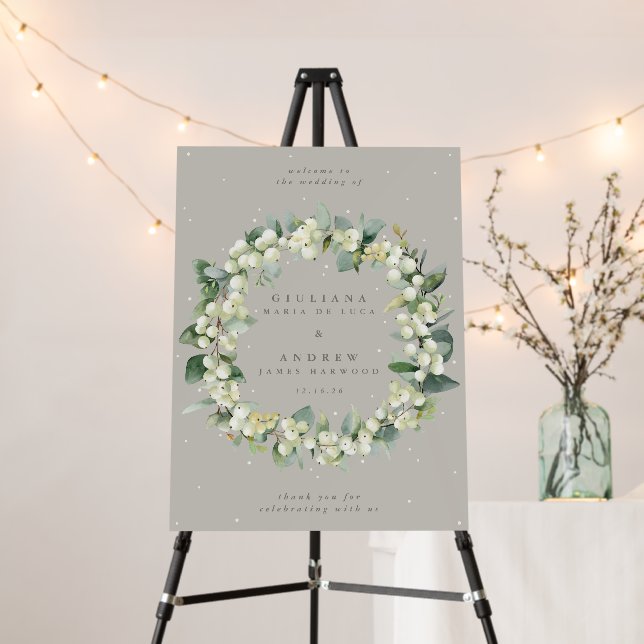 18x24" Greige Snowberry+Eucalyptus Wedding Welcome Foam Board (In Situ (Stand))