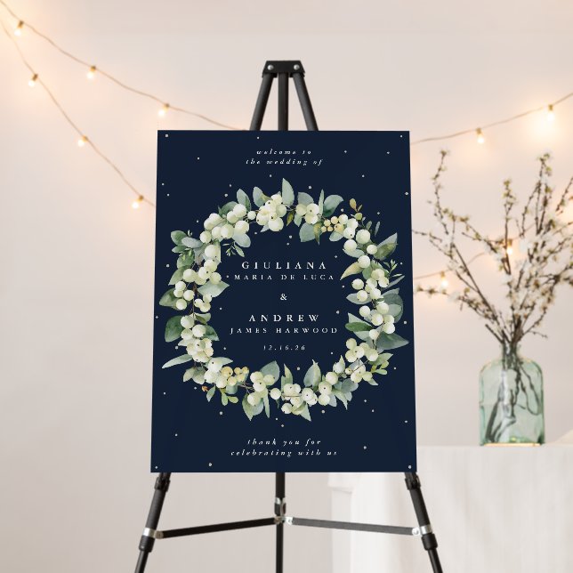 18x24" Navy Snowberry+Eucalyptus Wedding Welcome Foam Board (In Situ (Stand))