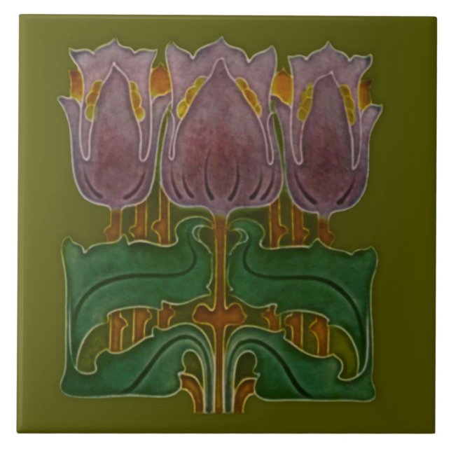 1900 Art Nouveau Poppy Tile Antique Reproduction (Front)