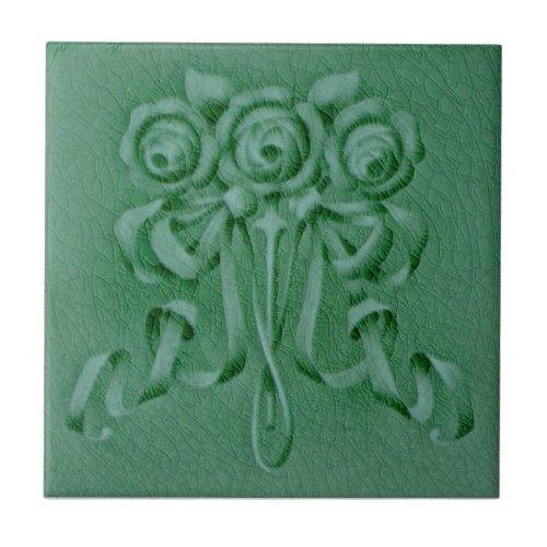 1900 Boote Roses Green Faux Relief Reproduction Ceramic Tile