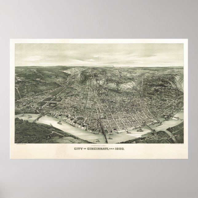 1900 Cincinnati, OH Birds Eye View Panoramic Map Poster (Front)