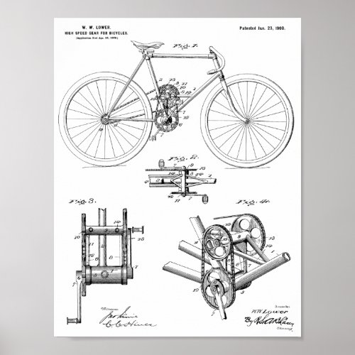 1900 High Speed Gear Bicycle Design Patent Print