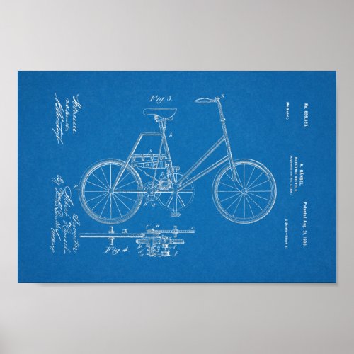 1900 Vintage Electric Bicycle Patent Blueprint Art Poster