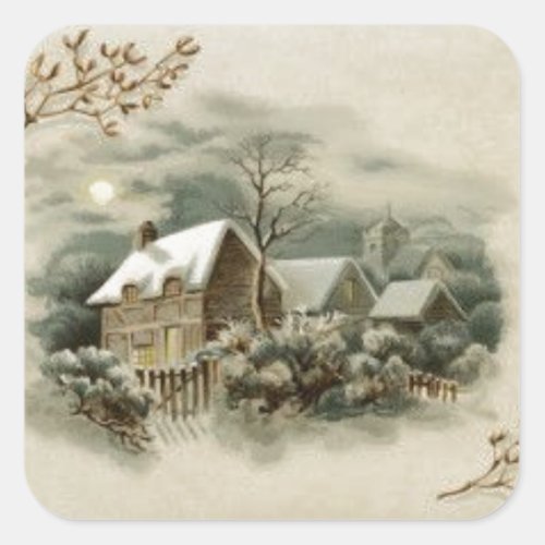 1900s Vintage Winter Cabin Scene Square Sticker