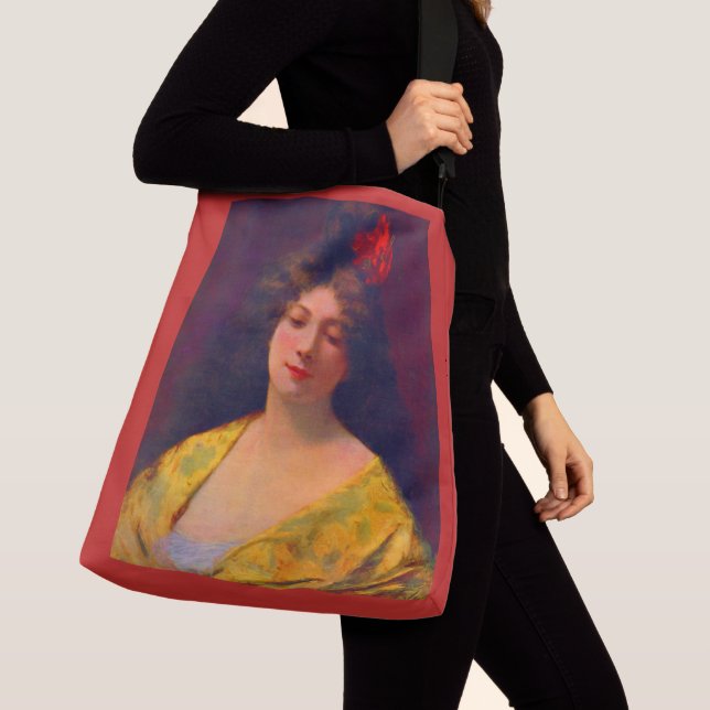 1901 beautiful lady wearing a shawl print crossbody bag (Close Up)