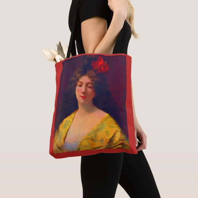1901 beautiful lady wearing a shawl print tote bag (Close Up)