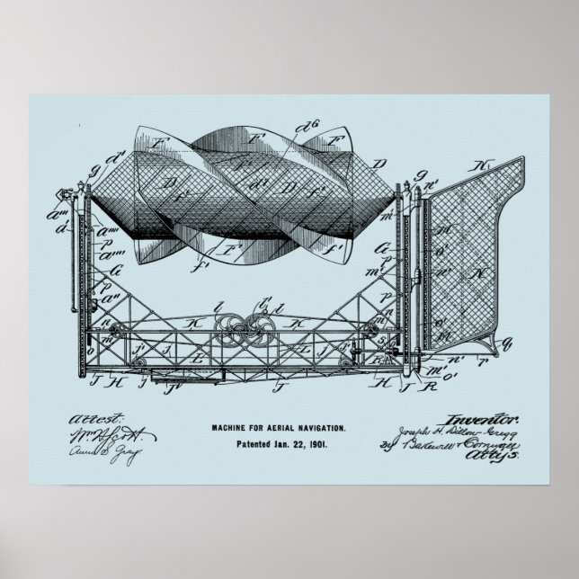 1901 Flying Machine Airplane Art Drawing Print (Front)