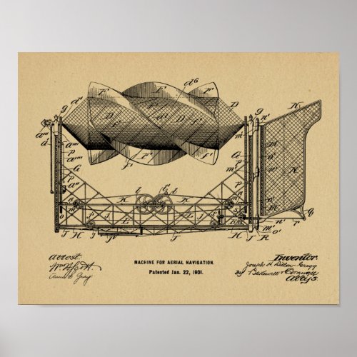 1901 Flying Machine Airplane Patent Art Drawing Poster