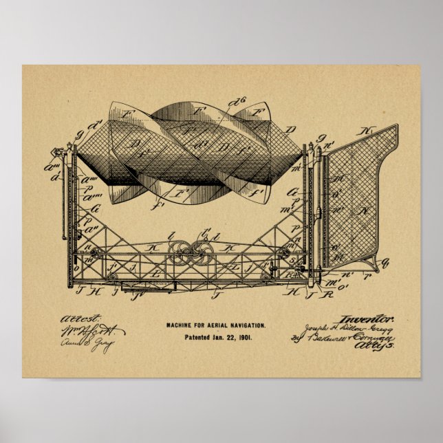 1901 Flying Machine Airplane Patent Art Drawing Poster (Front)
