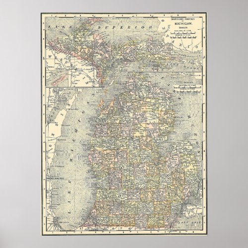 1901 Map of Michigan Poster