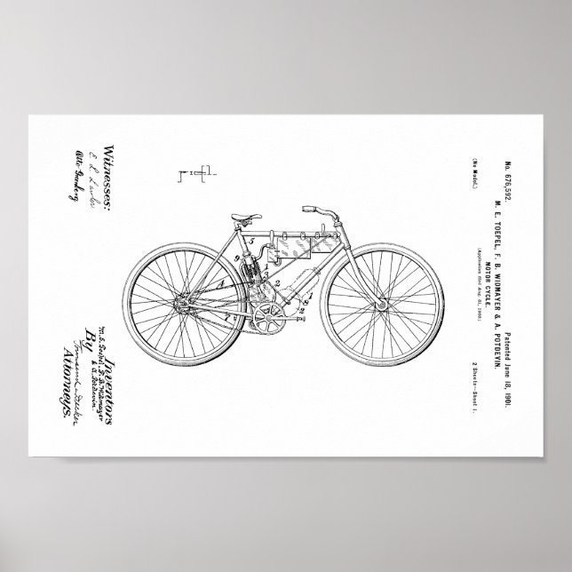 1901 Vintage Motorized Bicycle Patent Art Print (Front)