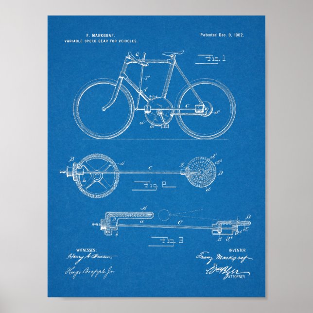 1902 Bicycle Gear Patent Art Drawing Print (Front)