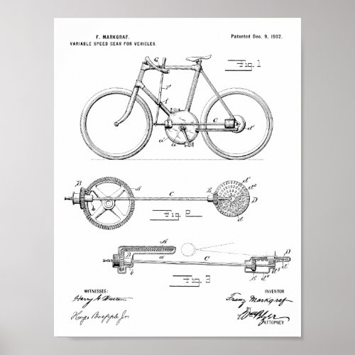 1902 Bicycle Gear Patent Art Drawing Print