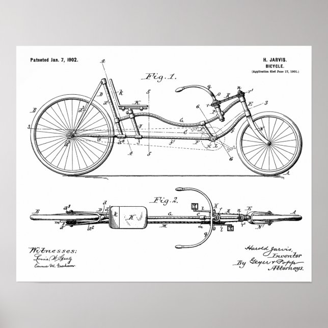 1902 Bicycle Recumbent Design Patent Art Print (Front)