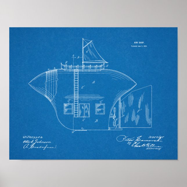 1902 Odd Airship Airplane Patent Art Drawing Print (Front)