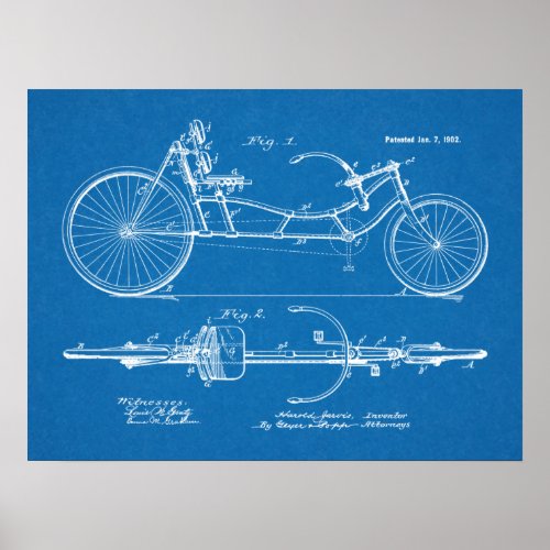 1902 Vintage Recumbent Bicycle Patent Blueprint Poster